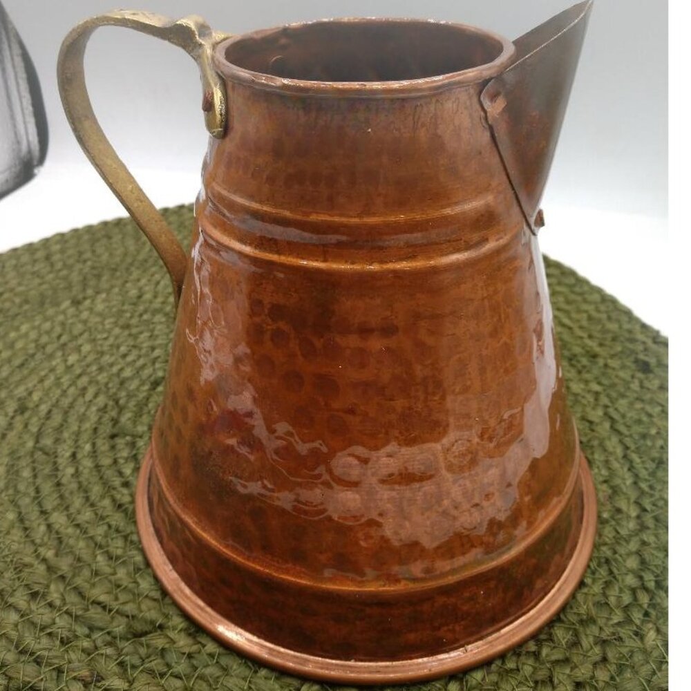 Vintage Hammered Copper Water Pitcher With Brass Handle & Spout